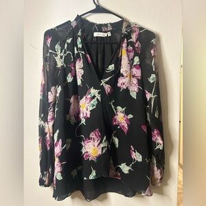 A.L.C. Black Floral Silk Smocked Neck Blouse Size 0